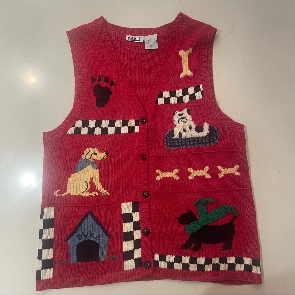 VTG 90s Capacity Red Knit Sweater Vest Dog Embroidered Size Large Grandmacore
